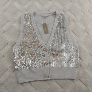 J.Crew Merino Wool V-neck Sweater Vest in silver sequin Womens Small